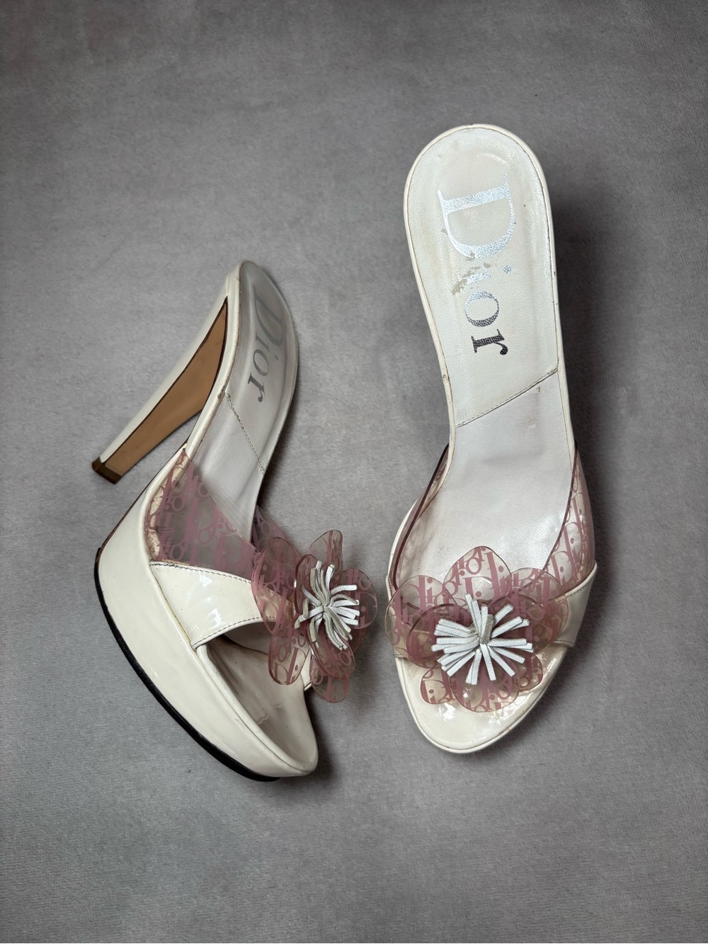 Dior Cream Patent Leather Mules with Pink Floral Appliqués